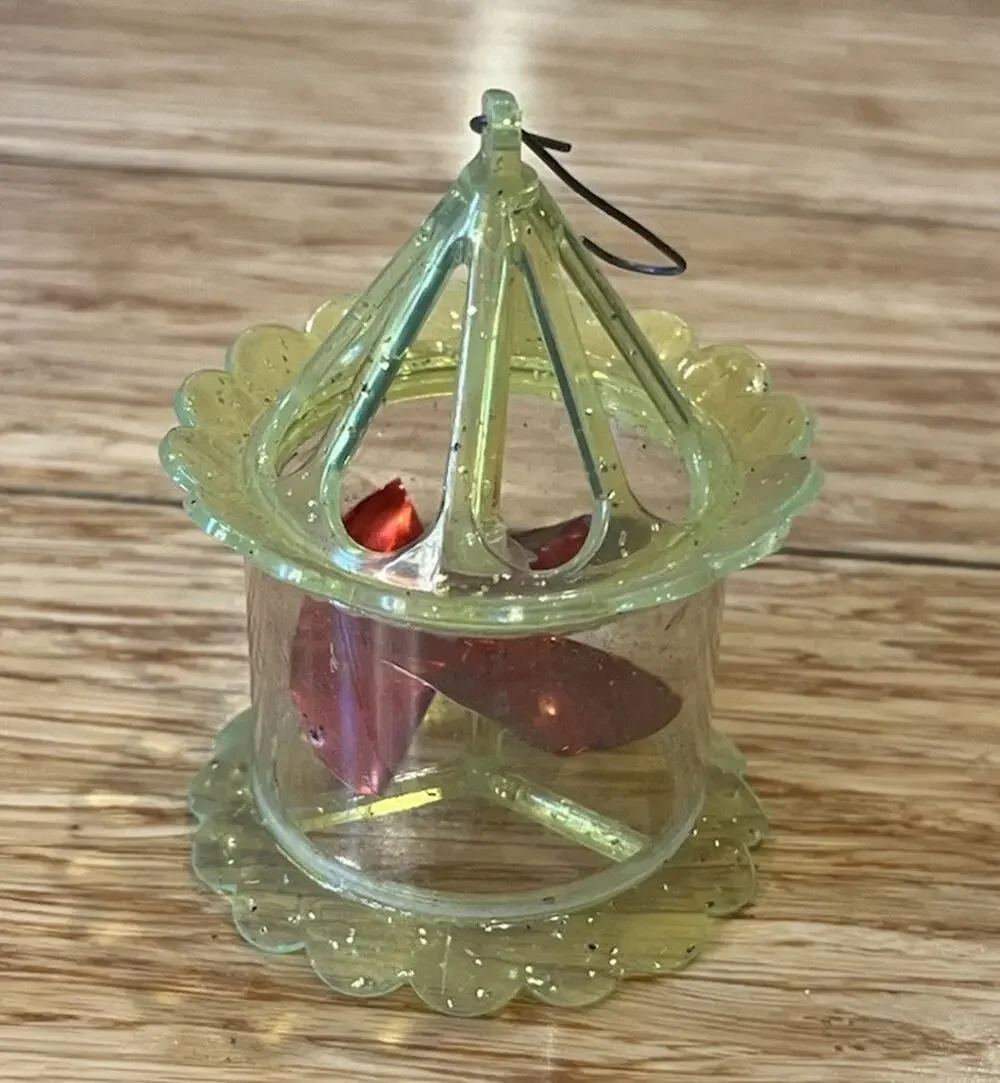 Vintage Birdcage Spinner Twinkler Christmas Tree Ornament Yellow Plastic Glitter
